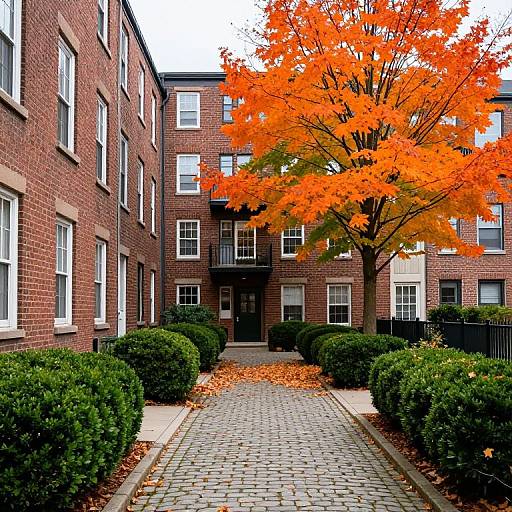 Photograph of a red-brick apartment building with bright orange autumn tree, green bushes, and cobblestone pathway, surrounded by falling leaves.
