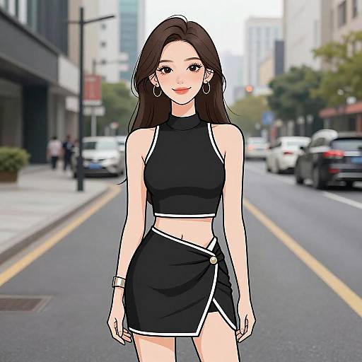 Digital art of a young Asian woman with long brown hair, wearing a black crop top and skirt, standing on a city street with blurred cars and buildings