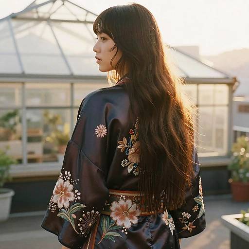 Woman in Embroidered Silk Kimono on Rooftop Greenhouse