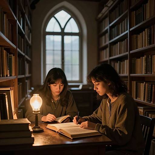 Photograph: Two women with dark hair, dressed in brown clothes, study an open book under a lit lamp in a dimly lit library with tall