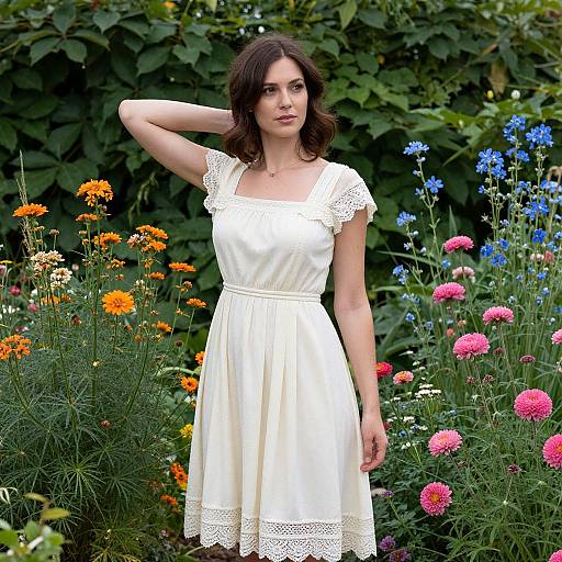 Photograph of a fair-skinned woman with dark brown hair wearing a white lace-trimmed dress, standing in a vibrant garden with orange, blue
