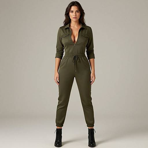 Photograph of a woman with long dark hair wearing an olive green, zip-up jumpsuit with a deep V-neck, and black ankle boots, standing