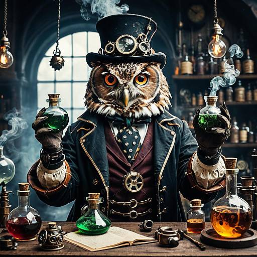 Steampunk Owl Alchemist in Laboratory