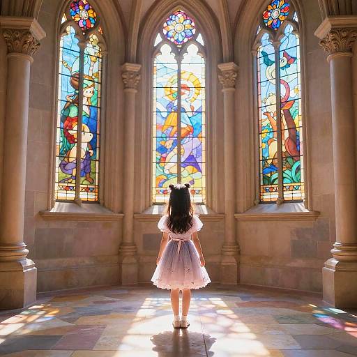 Young Girl Exploring Enchanting Castle Courtyard