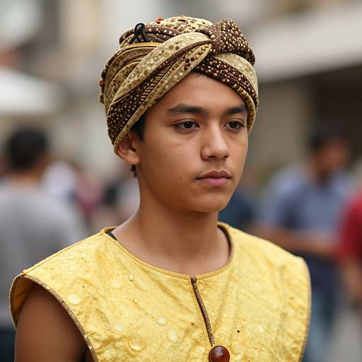 Photograph of a young, light-skinned Latino boy with brown eyes, wearing a gold textured shirt and intricately wrapped brown and gold headwrap,
