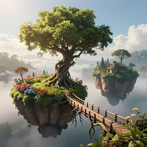 Fantastical digital illustration: two floating islands with lush trees, colorful flowers, and wooden bridges over misty, reflective water. Sunlight filters through