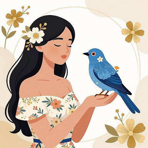 Beautiful Woman with Bird and Flowers