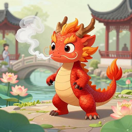 Cute digital drawing of a red, dragon-like child with orange flames, standing on a stone path by a pond with pink lotus flowers and a