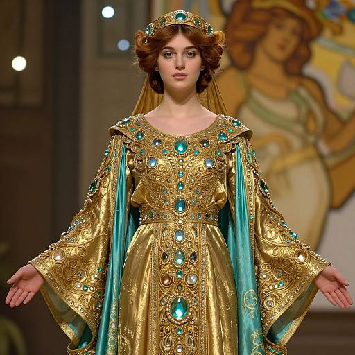 Photograph of a fair-skinned, red-haired model in an elaborate, gold and teal medieval-inspired gown with intricate embroidery and gemstones, standing on