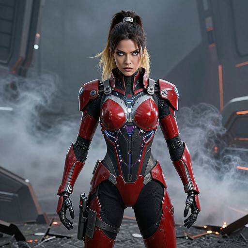 Photorealistic CGI of a fierce, blonde-haired woman in red and black futuristic armor, standing in a smoky, industrial battlefield.