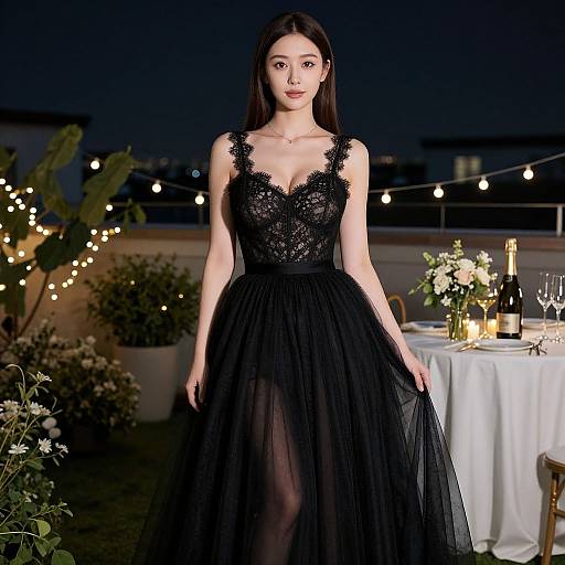 Elegant Woman in Moonlit Rooftop Gala