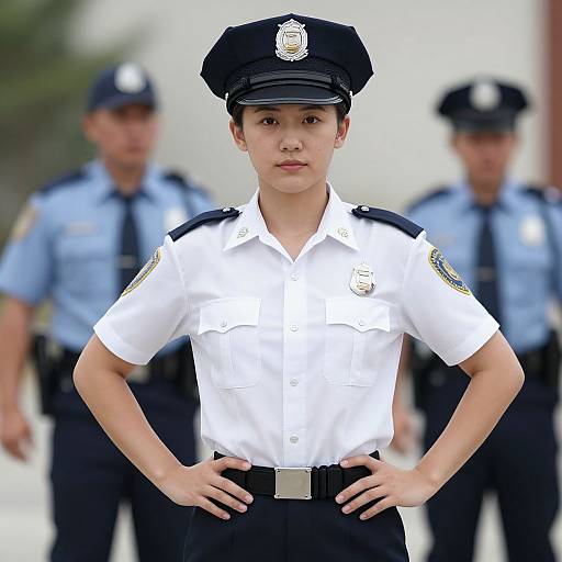 Photograph of a young Asian female police officer in a white uniform with black hat and badge, standing confidently with hands on hips, two blurred male officers