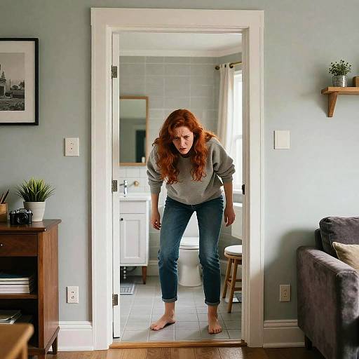 Photograph of a red-haired woman in a gray sweater and blue jeans, leaning forward, standing in a doorway between a living room and bathroom.