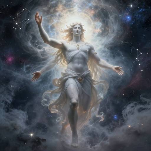 Digital art of a glowing, ethereal, muscular, nude male figure with flowing hair, raised arms, and draped cloth, floating in a starry