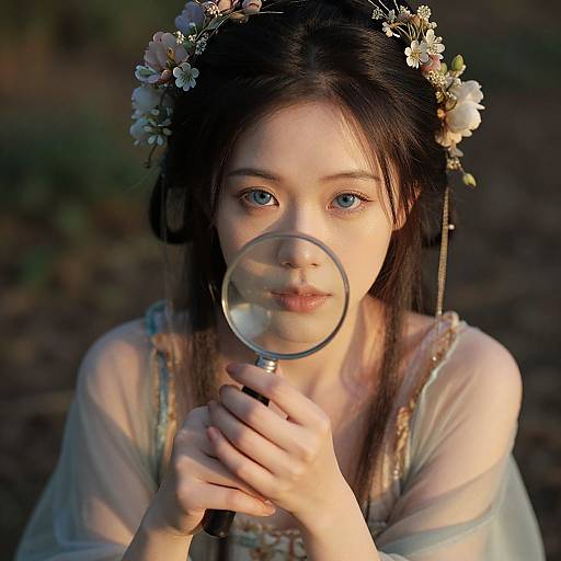 Photograph of a young Asian woman with fair skin, blue eyes, and long black hair, wearing a floral crown and sheer dress, holding a magn