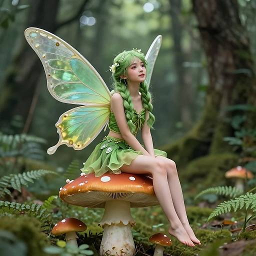 Digital fantasy art: Green-haired fairy with translucent wings, wearing a leafy green outfit, sitting on a large mushroom in a lush forest.