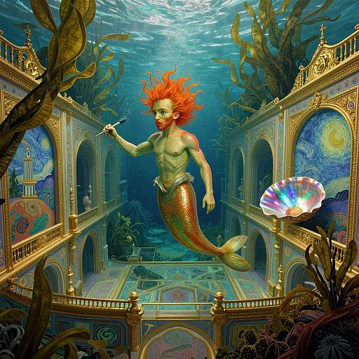 Digital art: Muscular, red-haired merman with golden scales, topless, holding pipe, swims through ornate underwater palace with vibrant murals