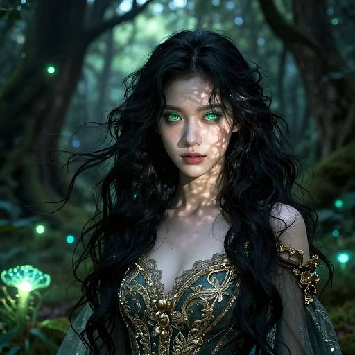 Digital fantasy artwork of a beautiful woman with long black hair, glowing green eyes, and ornate gold-and-black dress, standing in a dark, enchanted