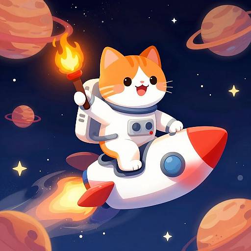 Cute cartoon orange-and-white cat in a white spacesuit with red nose and blue circle, flying a red-and-white rocket ship through a starry