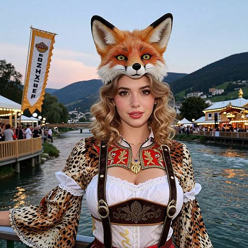 Photograph of a woman with curly blonde hair wearing a fox head mask, cheetah-print dress, white lace bodice, and brown suspenders