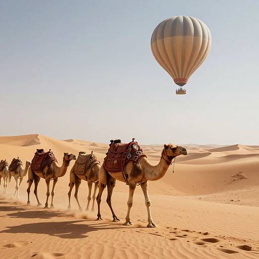Photograph of camels with riders in sandy desert, led by a hot air balloon in clear blue sky. Sunlight casts shadows on the dunes