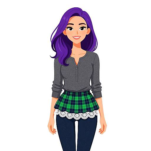 Digital illustration of a smiling woman with purple hair, wearing a grey long-sleeve top, green plaid skirt with white lace trim, and black