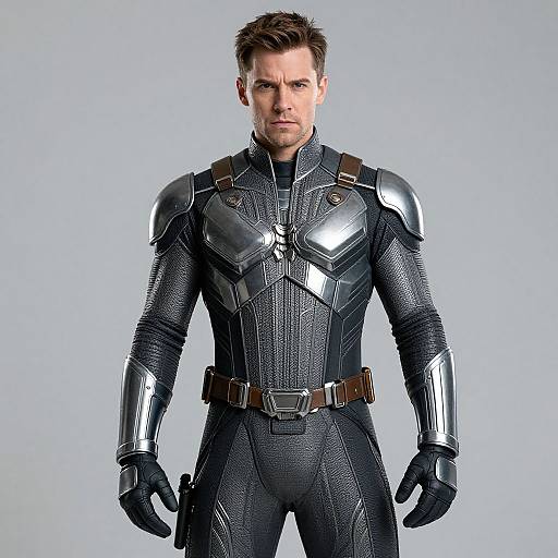 Photograph of a muscular, serious-looking man in a sleek, black, metallic superhero suit with brown leather straps, standing against a plain light blue background