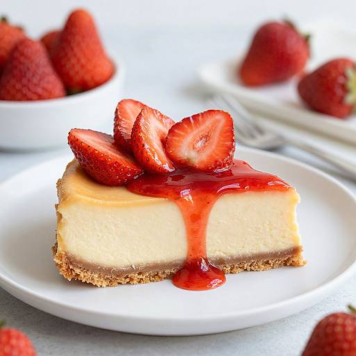 Photograph of a slice of strawberry cheesecake with glossy red strawberry slices and syrup on a white plate, surrounded by whole strawberries.