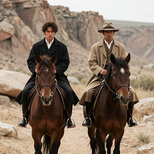 Two Riders Journeying Through Rugged Terrain