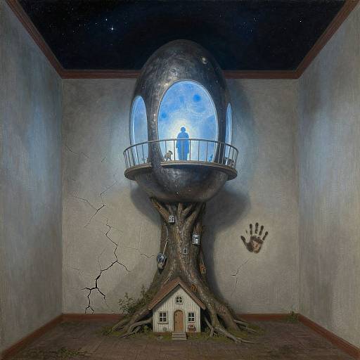 Photorealistic digital art of a giant treehouse with a glowing blue moonlit dome, cracked wall, and child-sized house at its base. Hand