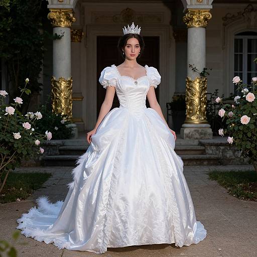 Photograph of a brunette woman in a white, satin, puffed-sleeve ball gown with a crown, standing in a rose-filled courtyard with