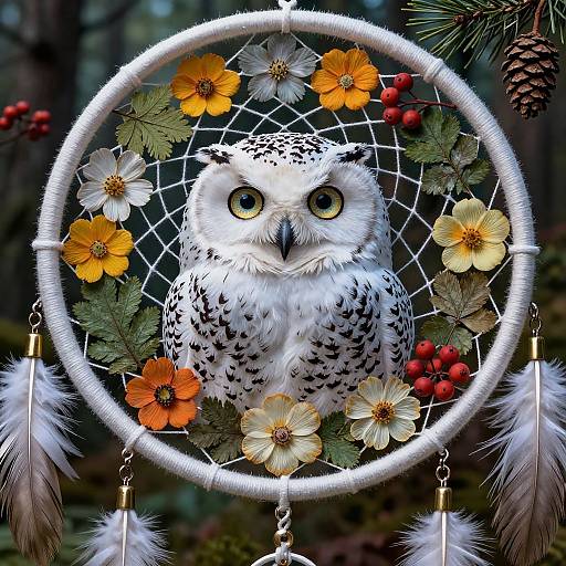Photograph of a white-spotted owl with yellow eyes, centered in a dreamcatcher adorned with orange, yellow, and white flowers, red berries