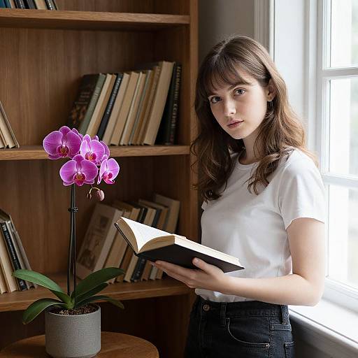 Photograph of a young woman with long brown hair, wearing a white t-shirt and black jeans, reading a book in a sunlit room with a