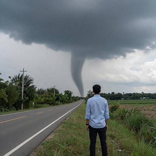 Man Facing Tornado on Rural Road