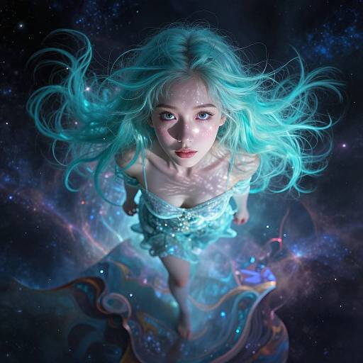 Digital artwork of a pale-skinned, blue-haired woman with glowing eyes, wearing a shimmering blue dress, floating in a cosmic, starry background