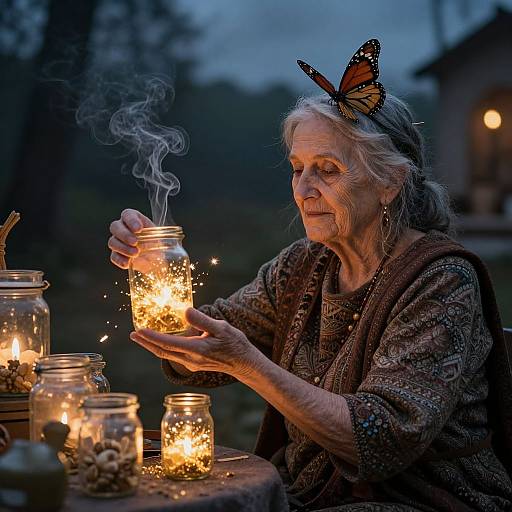 Photograph of an elderly woman with long gray hair and a butterfly headband, lighting a jar with a candle, surrounded by glowing jars at dusk.