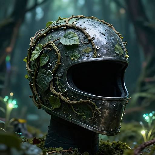 Photograph of a metallic motorcycle helmet adorned with vines and leaves, set in a dimly lit, mystical forest with glowing lights.