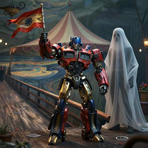 Digital artwork of a red and gold robotic warrior holding a flag, standing beside a white ghost, in a carnival tent.