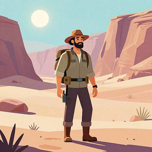 Digital illustration of a bearded man in a hat, shirt, and pants, standing in a desert with rocky cliffs, holding a pistol. Bright sun