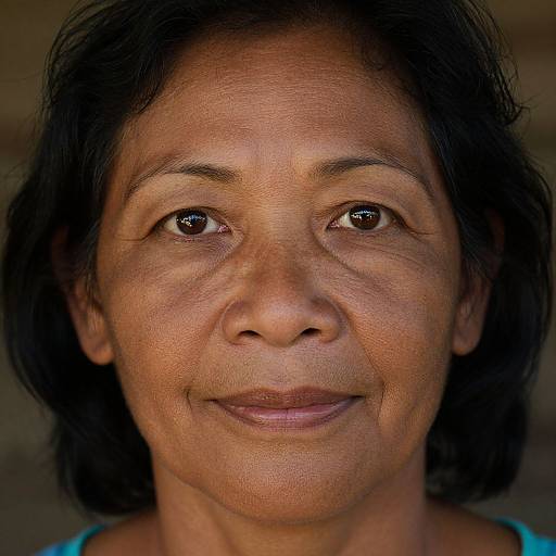 Close-up photograph of a middle-aged woman with dark brown skin, black hair, brown eyes, subtle smile, and visible wrinkles, wearing a blue top