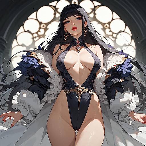 Digital anime-style drawing of a seductive, dark-haired woman with large breasts, wearing a revealing black and white floral gown, standing in front of a