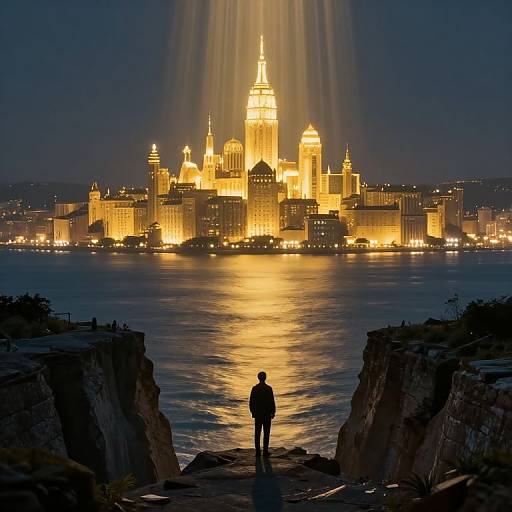 Photograph of a silhouetted person standing between rocky cliffs, gazing at a brightly lit, illuminated city skyline across a shimmering waterfront at