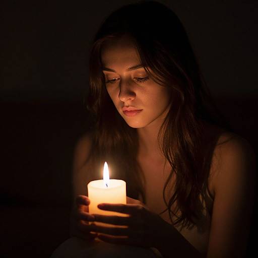 Photograph of a young woman with long dark hair, softly illuminated by a single glowing candle, gazing downward in a dark, shadowy background.