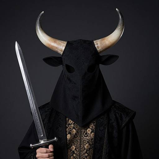 Photograph of a figure in a black, textured cloak with large, shiny horns, holding a shiny sword against a dark background.