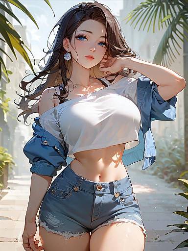 Stylish Woman in Denim Shorts and Crop Top