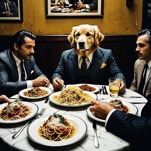 Golden Retriever Mobster Sharing Spaghetti Dinner