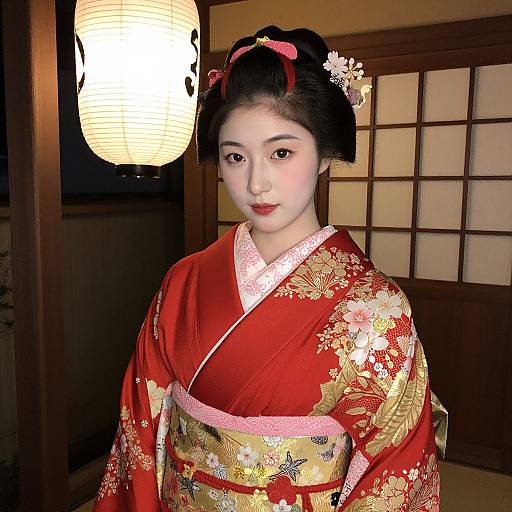 Photograph of a young Asian woman in a red and gold floral kimono, with black hair in an updo, standing in a traditional Japanese room