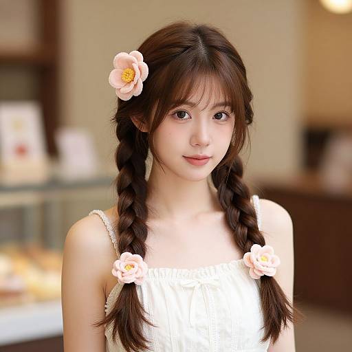 Photograph of an Asian woman with long brown hair in twin braids, adorned with pink flowers, wearing a white dress, in a softly lit,
