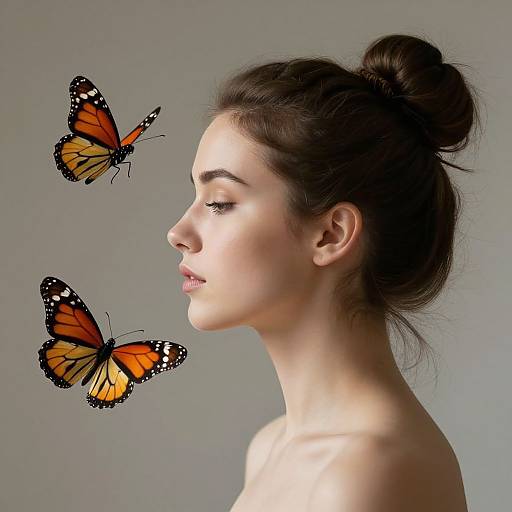 Photograph of a young woman with fair skin and dark hair in a bun, facing right, with two orange and black Monarch butterflies near her face