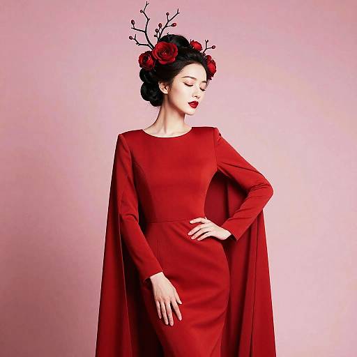 Photograph of a fair-skinned woman with dark hair, wearing a red long-sleeve dress and cape, adorned with red roses and black branch